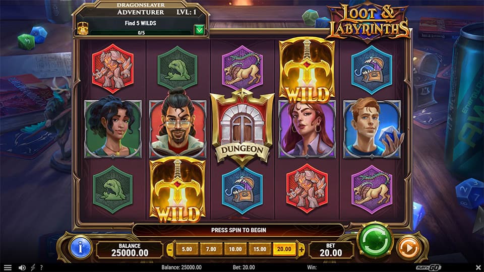 Loot & Labyrinths slot reels with character symbols, wilds, and dungeon-themed icons.