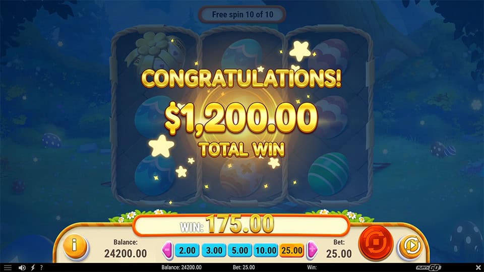 Total win screen in Mystery Egg Surprise slot displaying a €1,200 payout.