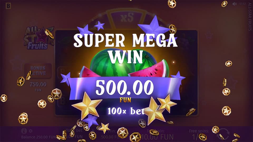 Super Mega Win screen in All-Star Fruits slot displaying a €500 payout.