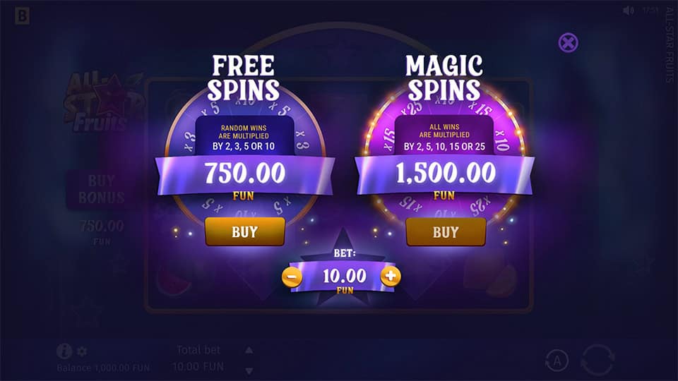 Buy Bonus feature in All-Star Fruits slot offering Free Spins for x75 and Magic Spins for x150 the bet.