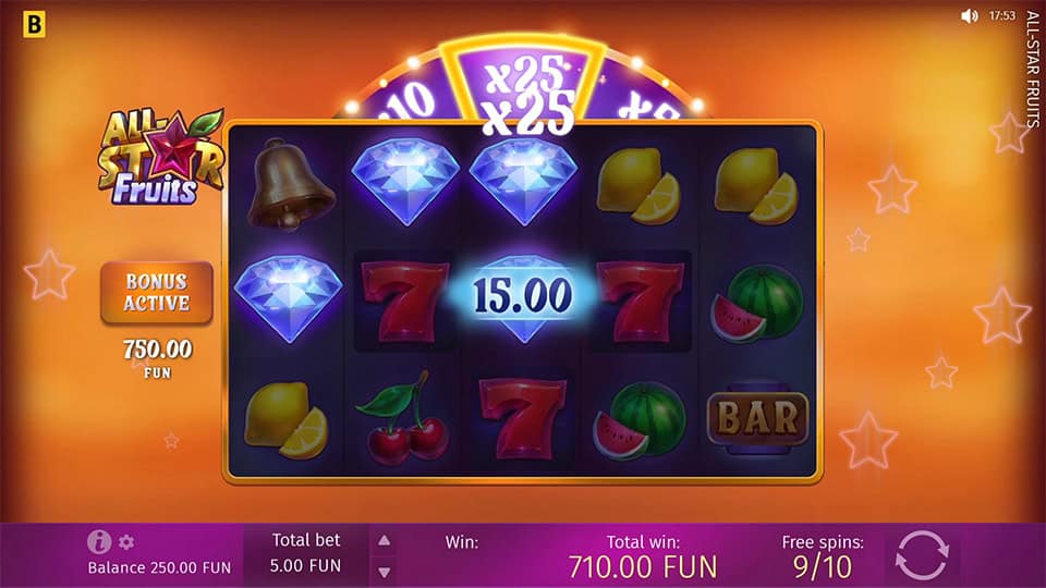 Dynamic Wheel feature in All-Star Fruits slot showing a x25 multiplier.