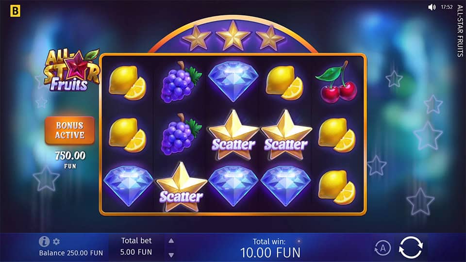 Three Star Scatter symbols appearing in All-Star Fruits slot, triggering the Magic Spins bonus round.