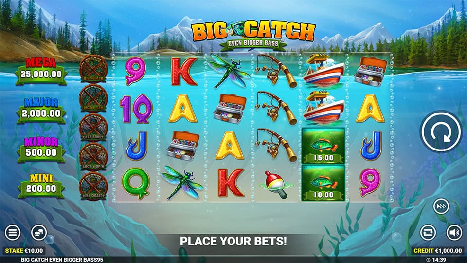 Preview of Big Catch Even Bigger Bass slot showing the reels and fishing-themed symbols in action.