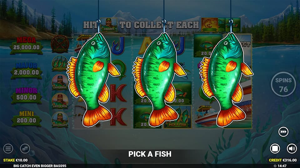 Pick a Fish feature in Big Catch Even Bigger Bass slot offering three choices for rewards.