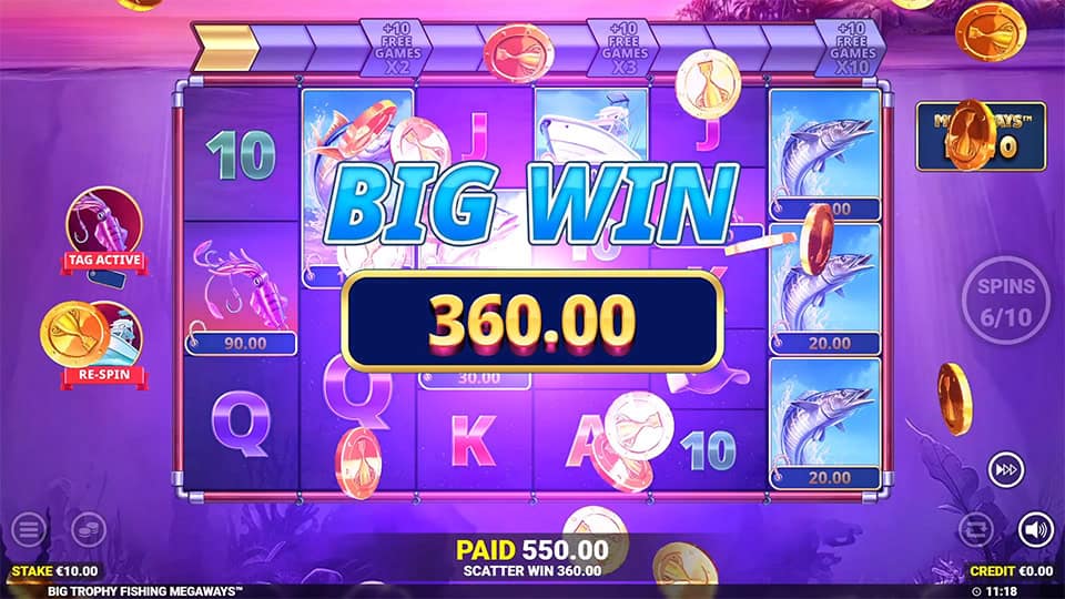 Big win screen in Big Trophy Fishing Megaways slot showing a €360 payout.