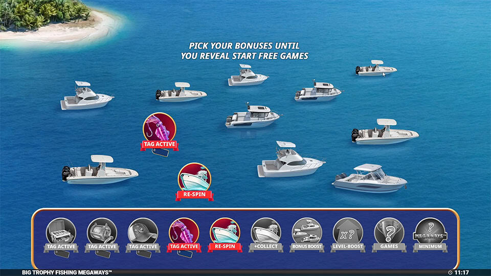 Pick a Boat feature in Big Trophy Fishing Megaways slot, selecting a boat before entering Free Spins.