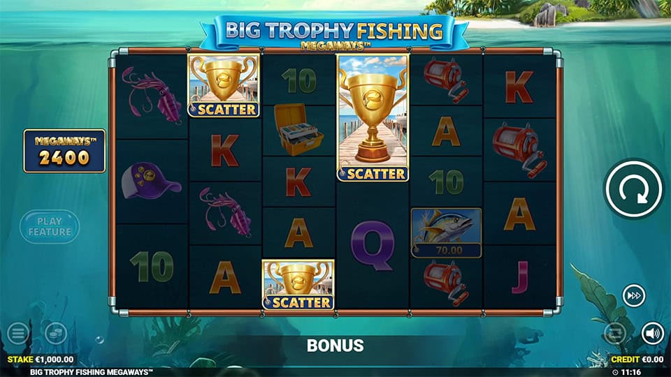 Three scatter symbols appearing in Big Trophy Fishing Megaways slot, triggering the Free Spins round.