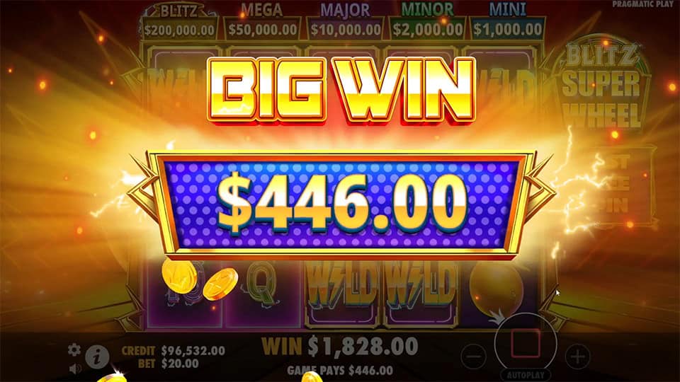 Big Win screen in Blitz Super Wheel slot displaying a €446 payout.