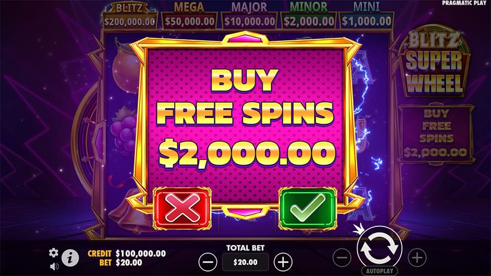 Buy Free Spins feature in Blitz Super Wheel slot allowing direct entry into the Free Spins Bonus for x100 the bet.