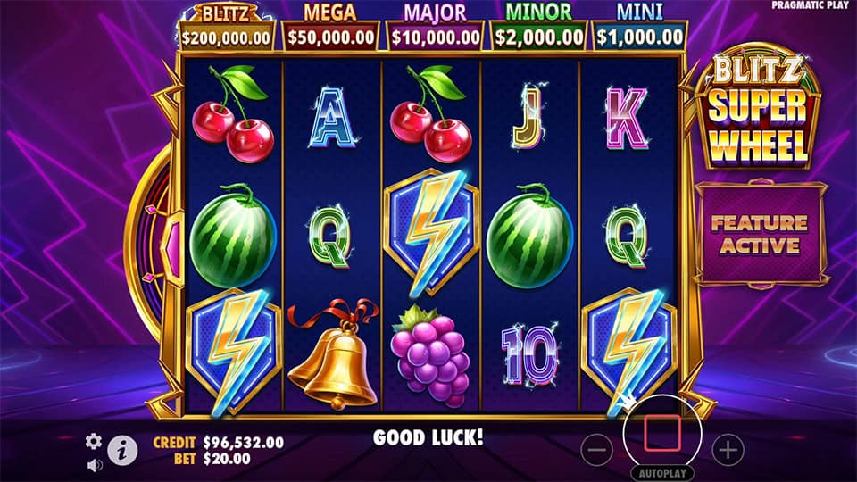 Three Scatter symbols appearing in Blitz Super Wheel slot, triggering the Free Spins Bonus round.