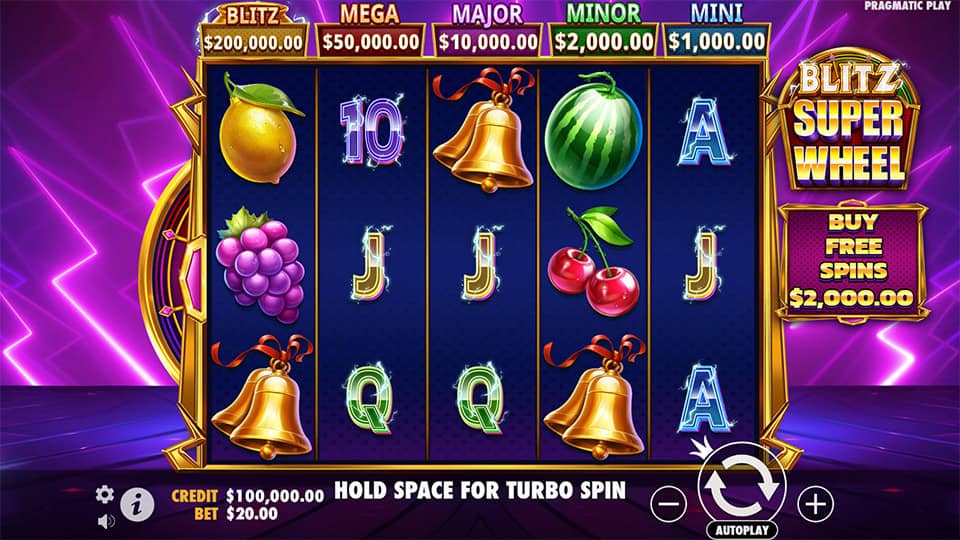 Preview of Blitz Super Wheel slot showing the reels and fast-paced casino-themed symbols in action.