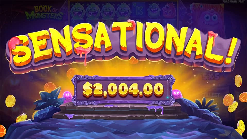 Sensational Win screen in Book of Monsters slot displaying a €2,004 payout.