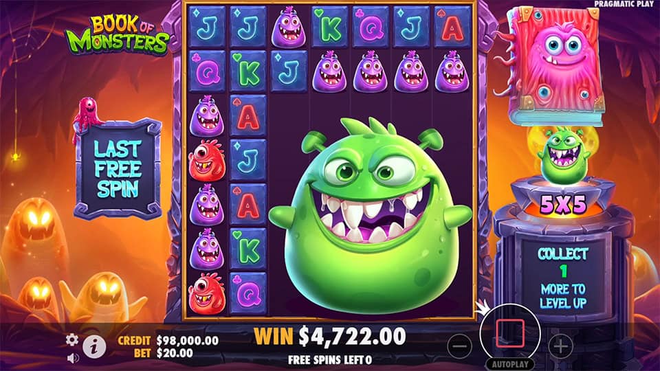 Homepage of Book of Monsters slot introducing game features and bonus mechanics.