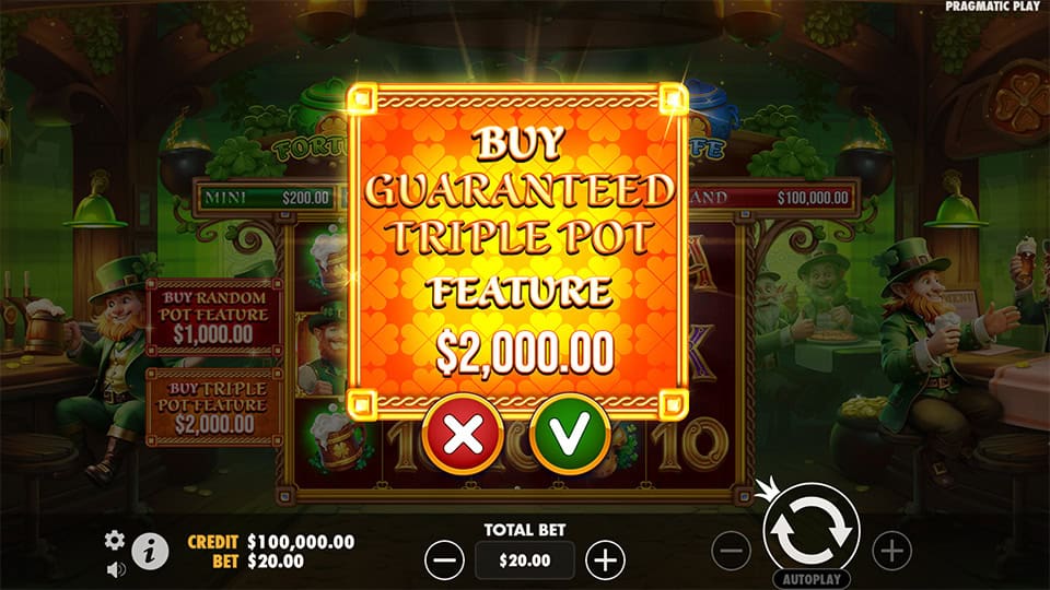 Buy Feature in Lucky's Wild Pub slot allowing direct entry into the Triple Pot Respins Bonus for x100 the bet.