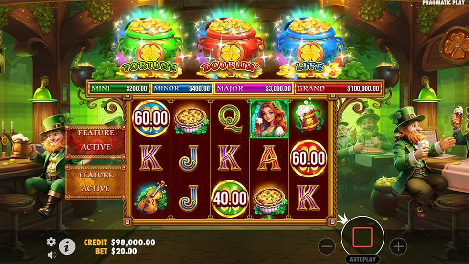 Three Colored Bonus Coins appearing in Lucky's Wild Pub slot, triggering the Triple Pot Respins feature.