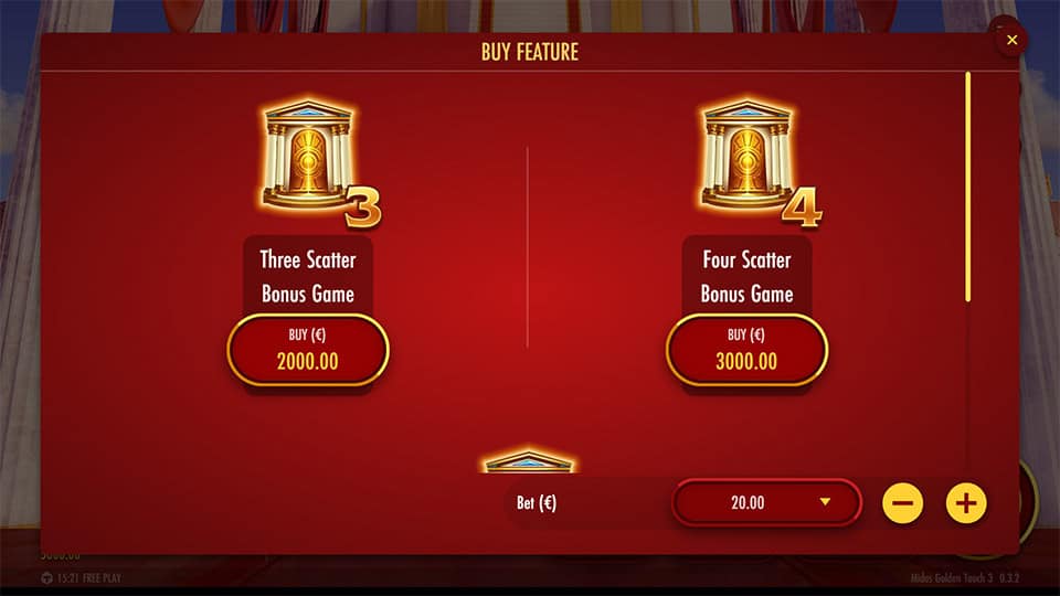 Bonus Buy feature in Midas Golden Touch 3 slot offering three options: 3 Scatters, 4 Scatters, or 5 Scatters Bonus Game.