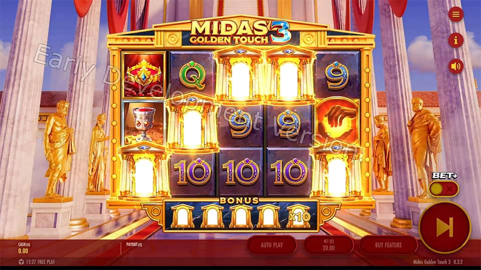 Five Scatter symbols appearing in Midas Golden Touch 3 slot, triggering the Bonus Game.