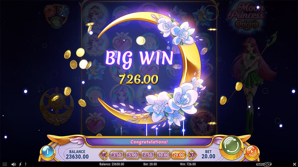 Winning screen in Moon Princess Origins slot showing a big win of 726 with golden coin effects.