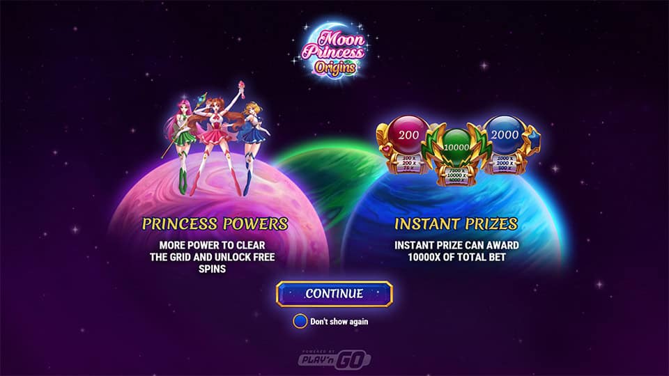 Introduction screen of Moon Princess Origins slot, highlighting Princess Powers and Instant Prizes features.