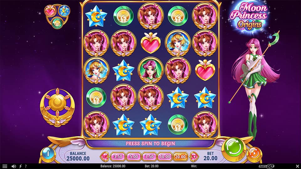 Gameplay screen of Moon Princess Origins slot, featuring princess-themed symbols on a dynamic grid.