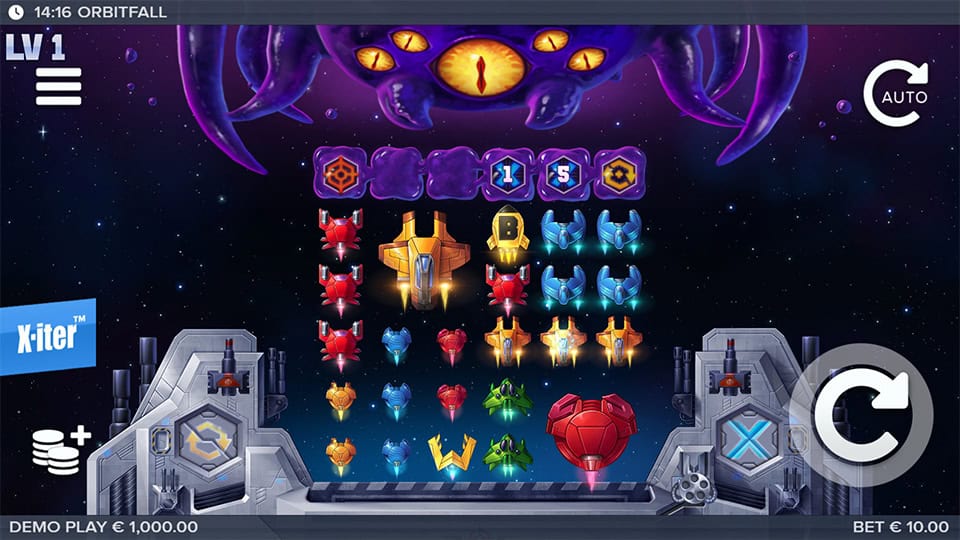 Preview of Orbitfall slot showing the reels and sci-fi-themed symbols in action.