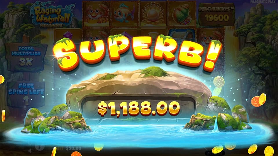 Superb win screen in Raging Waterfall Megaways slot displaying a €1,188 payout.