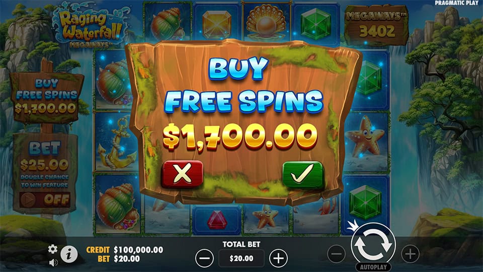 Buy Free Spins feature in Raging Waterfall Megaways slot, available for x85 the bet.