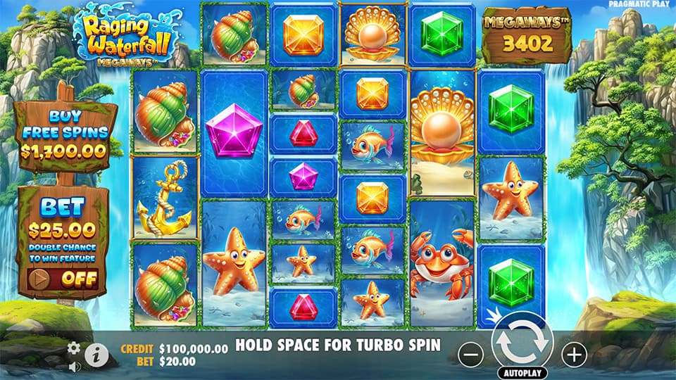 Preview of Raging Waterfall Megaways slot showing the Megaways reels and themed symbols.