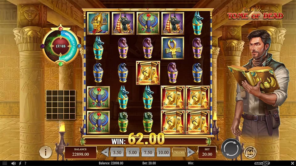 Slot reels displaying five wild symbols in Rich Wilde and the Tome of Dead, showcasing a big win potential.