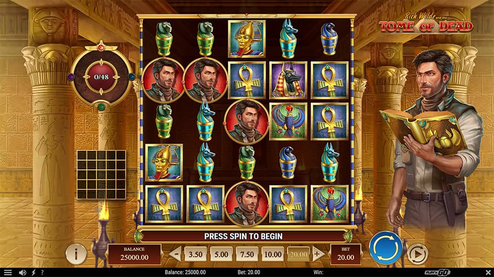 Gameplay screen of Rich Wilde and the Tome of Dead, featuring Egyptian-themed reels and the main character.