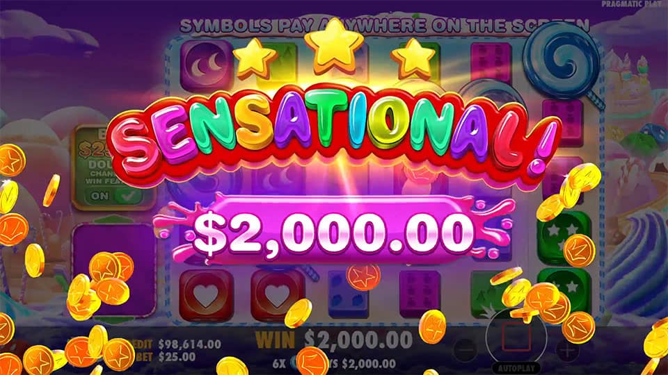 Sensational win screen in Sweet Bonanza 1000 Dice slot displaying a €2,000 payout.