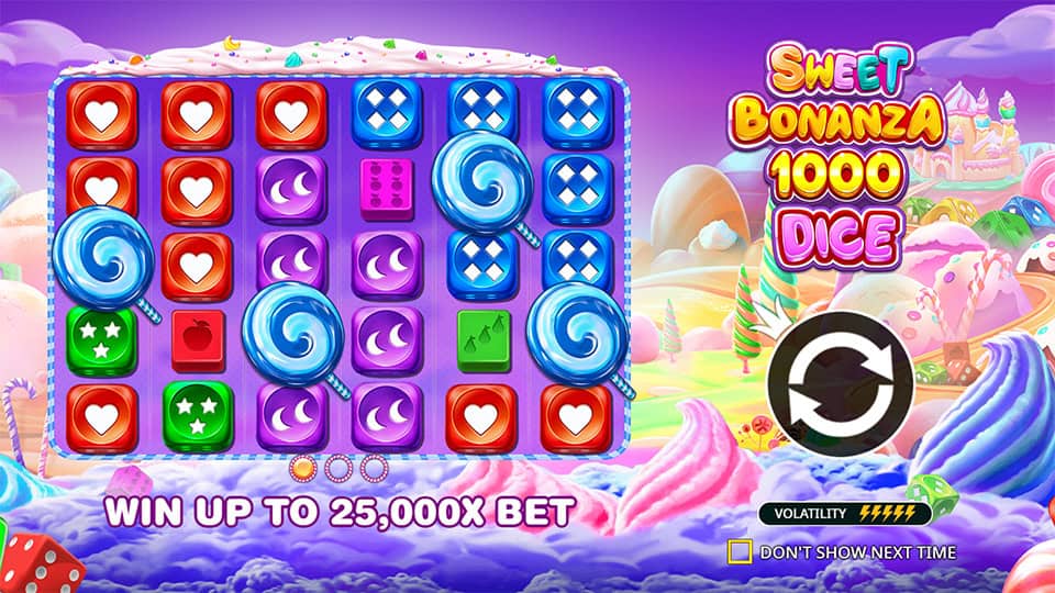 Main menu of Sweet Bonanza 1000 Dice slot introducing the game’s features and bonuses.