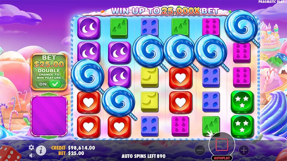 Six scatter symbols in Sweet Bonanza 1000 Dice slot triggering the Free Spins feature.