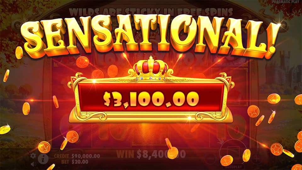 Sensational Win screen in The Dog House Royal Hunt slot displaying a €3,100 payout with golden coins.