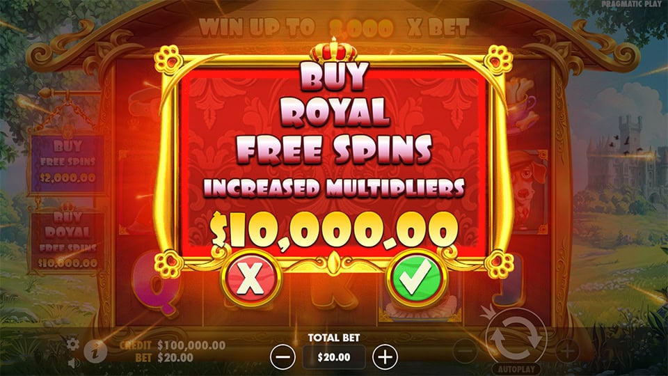 Buy Royal Free Spins feature in The Dog House Royal Hunt slot, offering x10 or x20 multipliers for 500x the bet.