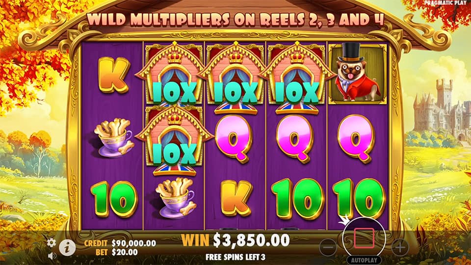 Four wild multipliers of x10 appearing on reels in The Dog House Royal Hunt slot, increasing potential wins.