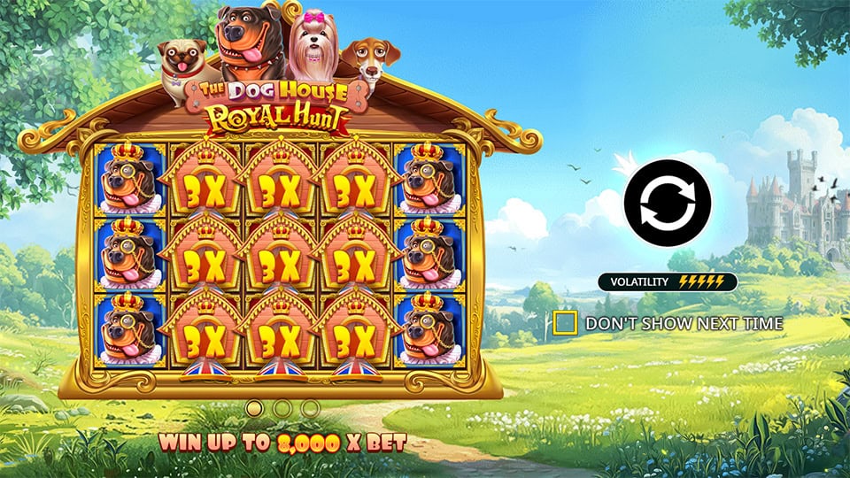 Homepage of The Dog House Royal Hunt slot introducing game features, multipliers, and bonus mechanics.