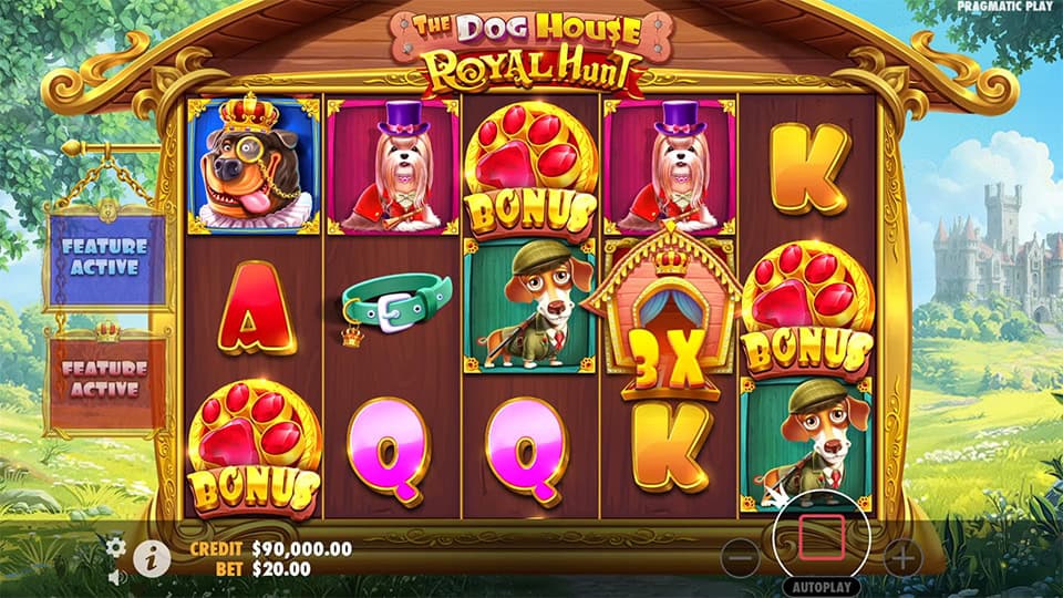 Three Bonus symbols appearing in The Dog House Royal Hunt slot, triggering the Free Spins Bonus round.