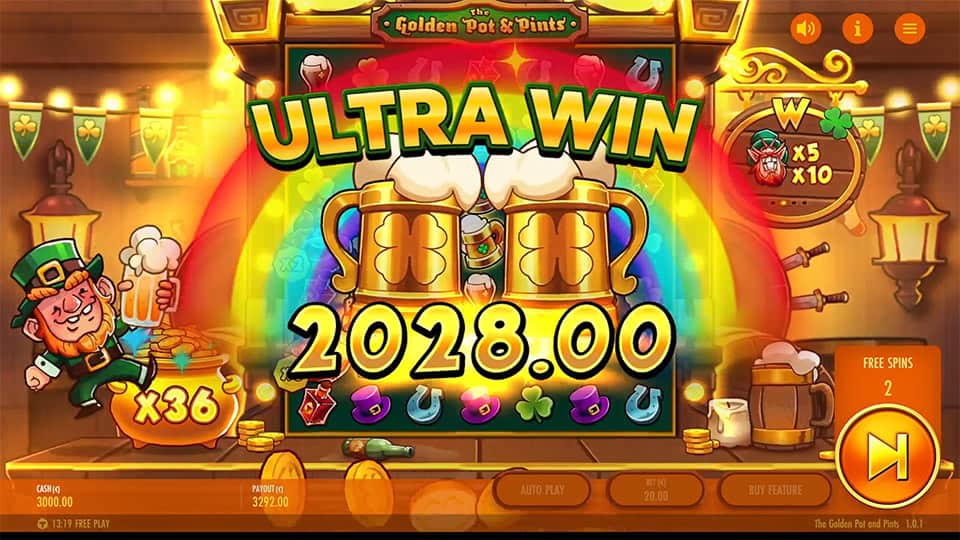 Ultra Win screen in The Golden Pot & Pints slot displaying a €2,028 payout.