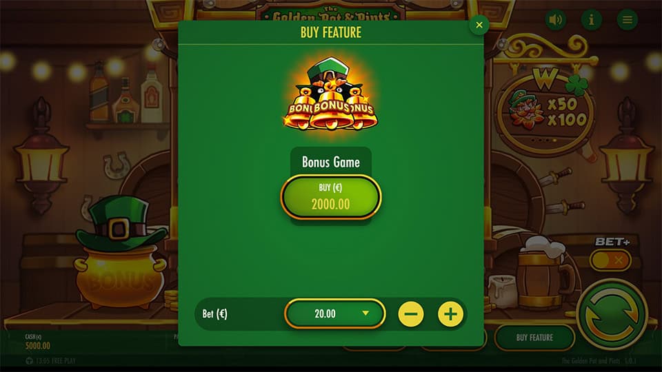 Buy Free Spins feature in The Golden Pot & Pints slot, available for x100 the bet.