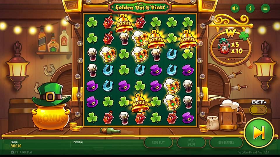 Four Scatter symbols appearing in The Golden Pot & Pints slot, triggering 12 Free Spins Bonus Game.