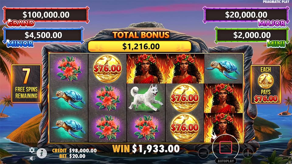 Three Money symbols worth 76 appearing in Volcano Goddess slot, contributing to bonus activation.