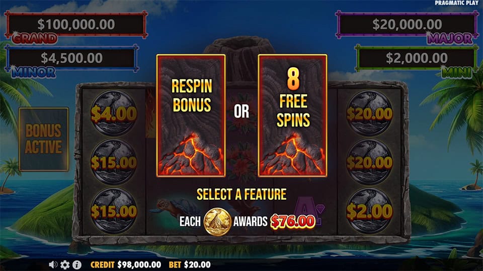 Six Money symbols appearing in Volcano Goddess slot, allowing a choice between the Respin Bonus or 8 Free Spins Bonus.