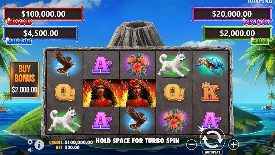 Preview of Volcano Goddess slot showing the reels and lava-inspired symbols in action.