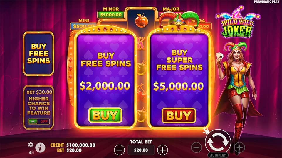 Buy Bonus feature in Wild Wild Joker slot offering Free Spins for 100x the bet or Super Free Spins with additional benefits for 250x the bet.