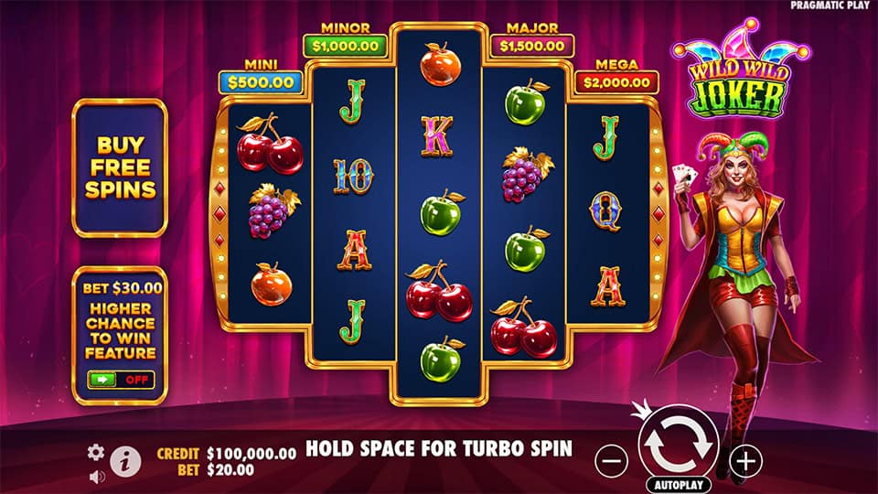 Preview of Wild Wild Joker slot showing the reels and joker-themed symbols in action.