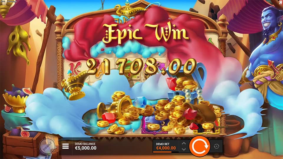 Winning screen in Wishbringer slot displaying an epic win of 21,708 with golden coin effects.