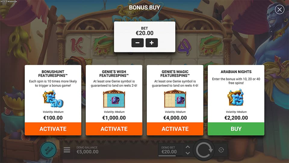 Bonus Buy menu in Wishbringer slot displaying four different buy-in options for instant bonus entry.