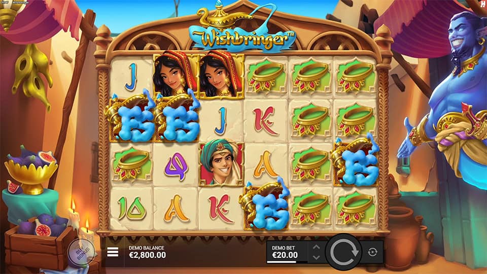 Four Free Spins symbols landing on the reels in Wishbringer slot, triggering the Bonus Game.