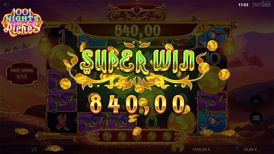 Super Win screen in 1001 Nights of Riches slot displaying a €840 payout.